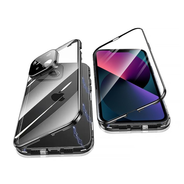 obudowa do iphone 13 pancerna szyba i aluminium 360° przód + tył magnetyczna, z osłoną aparatu, czarna