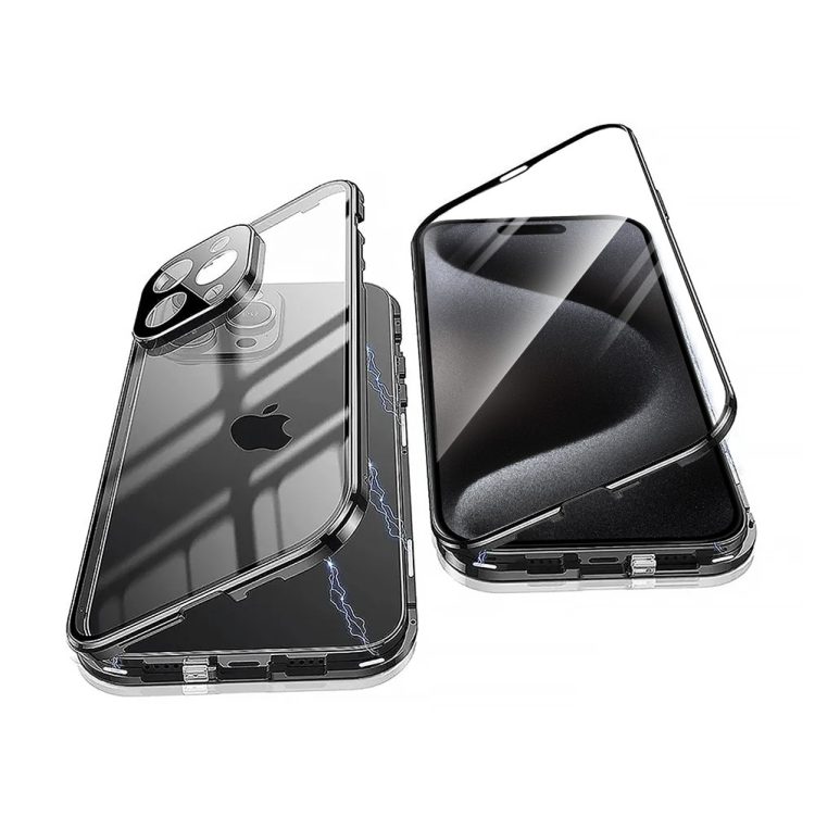 obudowa do iphone 15 pro pancerna szyba i aluminium 360° przód + tył magnetyczna, z osłoną aparatu, czarne