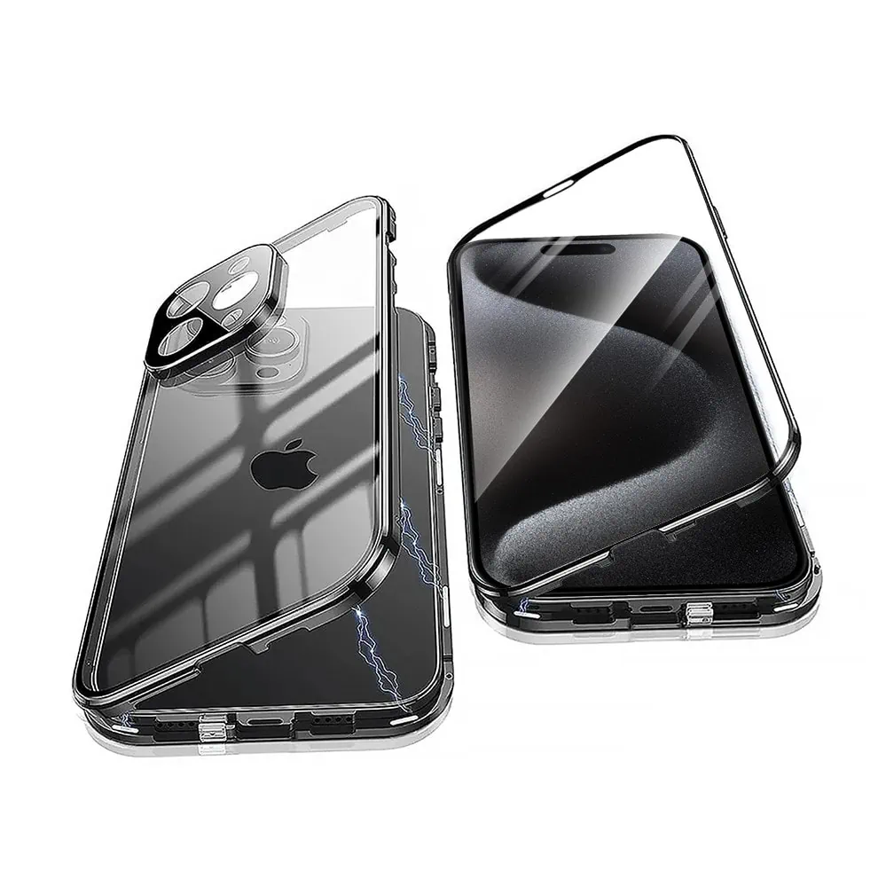Obudowa do iPhone 15 Pro Max pancerna szyba i aluminium 360° przód + tył magnetyczna, z osłoną aparatu, czarne
