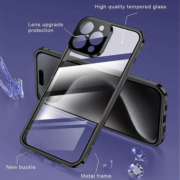 obudowa do iphone 15 pro pancerna szyba i aluminium 360° przód + tył magnetyczna, z osłoną aparatu, czarne