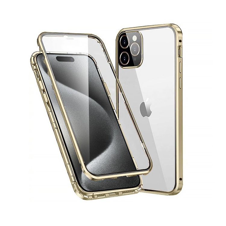 obudowa do iphone 15 pro pancerna szyba i aluminium 360° przód + tył magnetyczna, z osłoną aparatu, złota