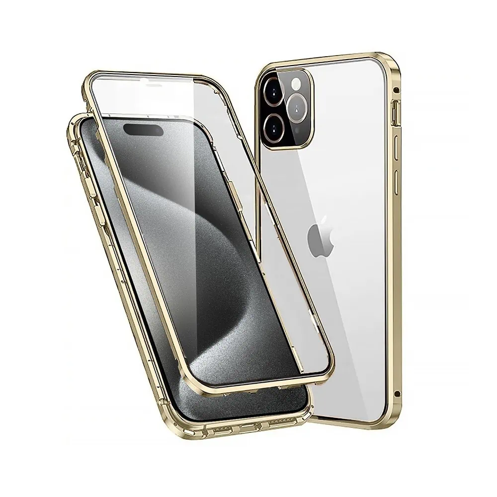 Obudowa do iPhone 15 Pro Max pancerna szyba i aluminium 360° przód + tył magnetyczna, z osłoną aparatu, złota