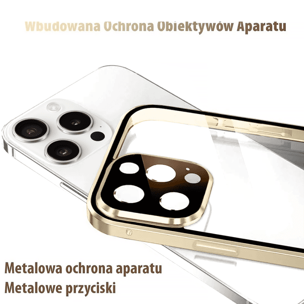 obudowa do iphone 15 pro pancerna szyba i aluminium 360° przód + tył magnetyczna, z osłoną aparatu, złota