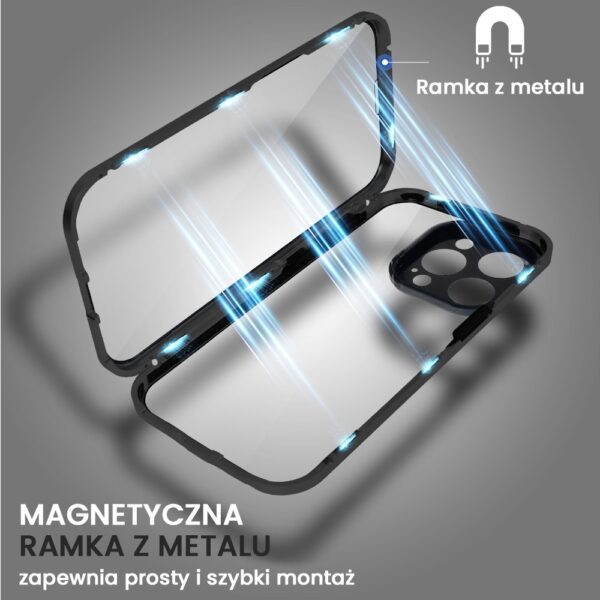 Obudowa do iPhone 15 Pro podwójna szyba i aluminium 360° przód + tył magnetyczna, z osłoną aparatu, czarna pop (3)