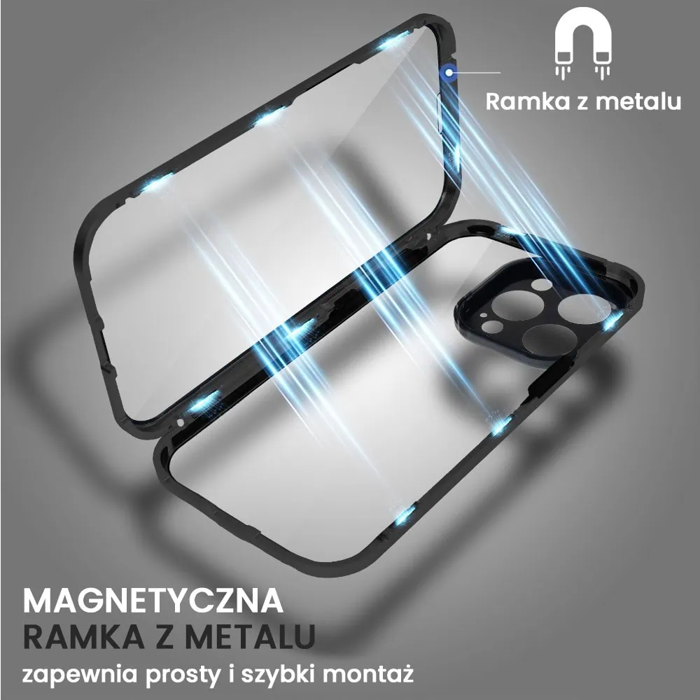 Obudowa do iPhone 15 Pro podwójna szyba i aluminium 360° przód + tył magnetyczna, z osłoną aparatu, czarna pop (3)