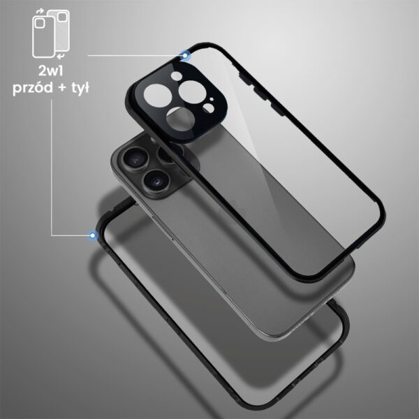 Obudowa do iPhone 15 Pro podwójna szyba i aluminium 360° przód + tył magnetyczna, z osłoną aparatu, czarna pop (4)