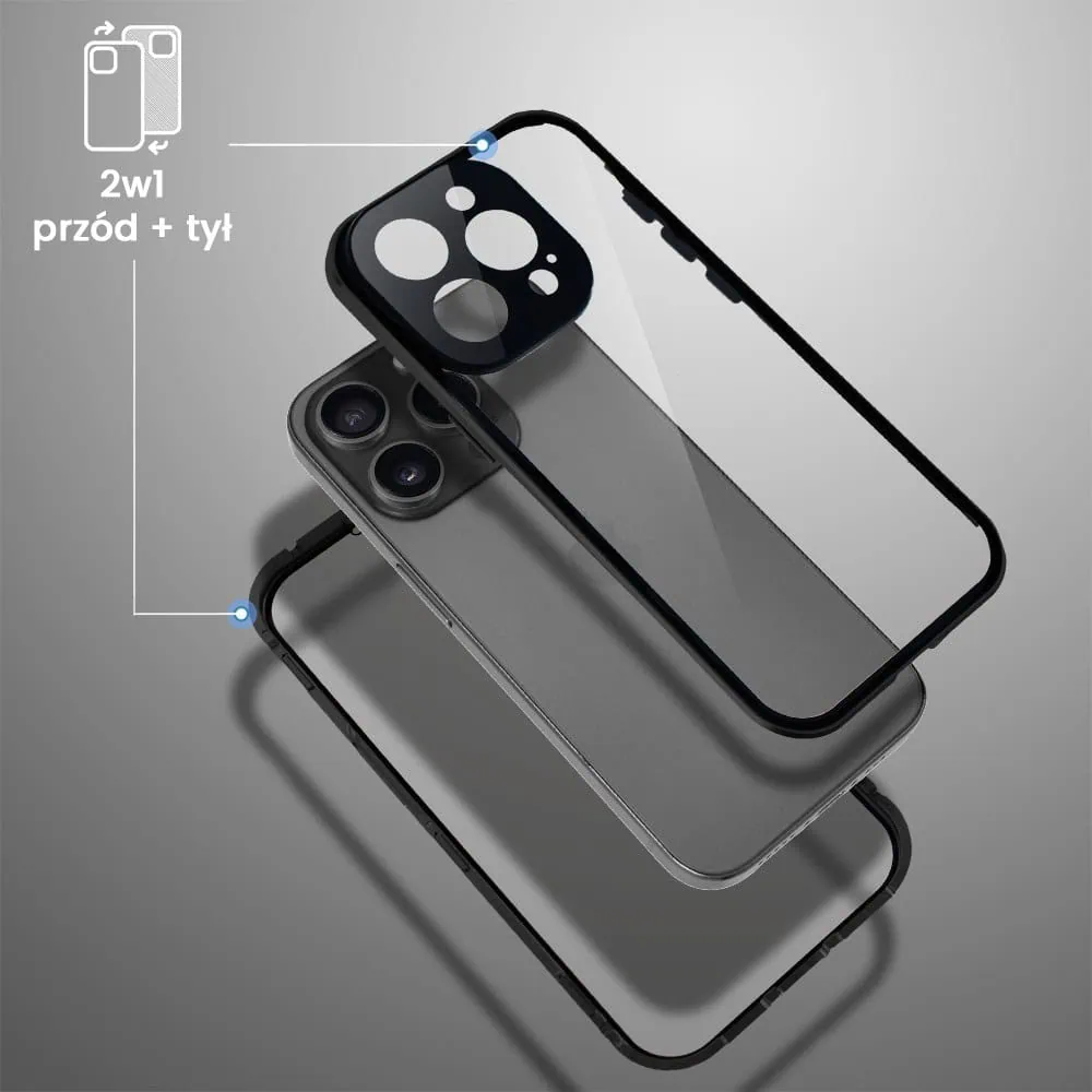 Obudowa do iPhone 15 Pro podwójna szyba i aluminium 360° przód + tył magnetyczna, z osłoną aparatu, czarna pop (4)