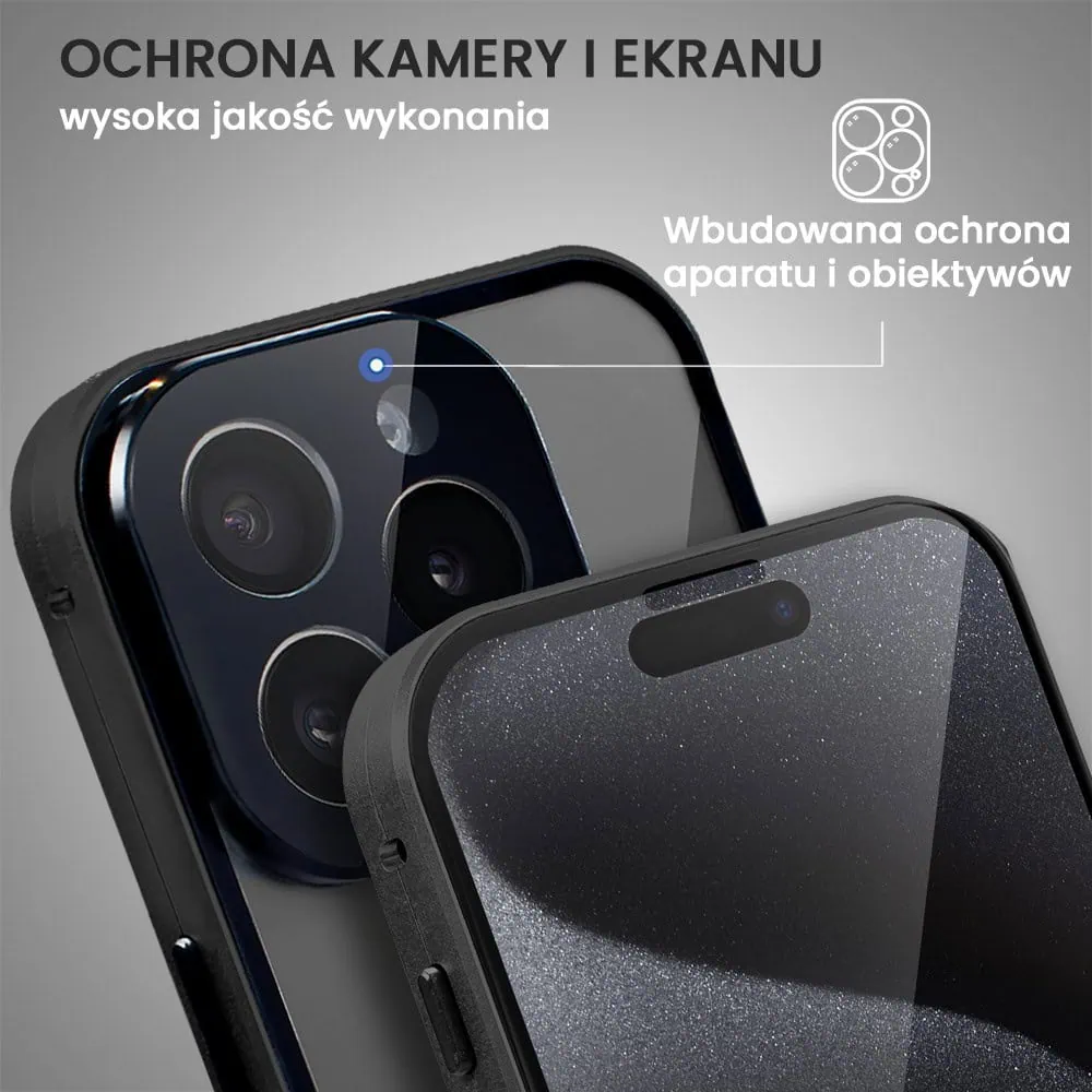 Obudowa do iPhone 15 Pro podwójna szyba i aluminium 360° przód + tył magnetyczna, z osłoną aparatu, czarna pop (6)