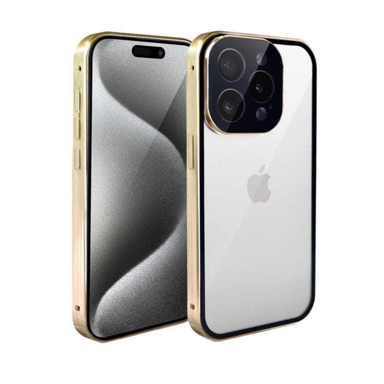 Obudowa do iPhone 15 Pro podwójna szyba i polerowane aluminium 360° magnetyczna, z osłoną aparatu, złota (2)