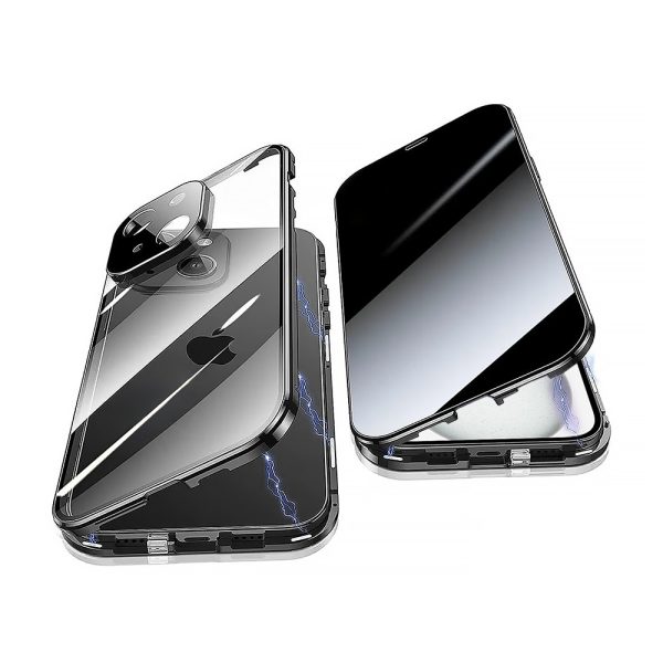 obudowa do iphone 15 pancerna szyba i aluminium 360° przód + tył magnetyczna, z osłoną aparatu, czarna