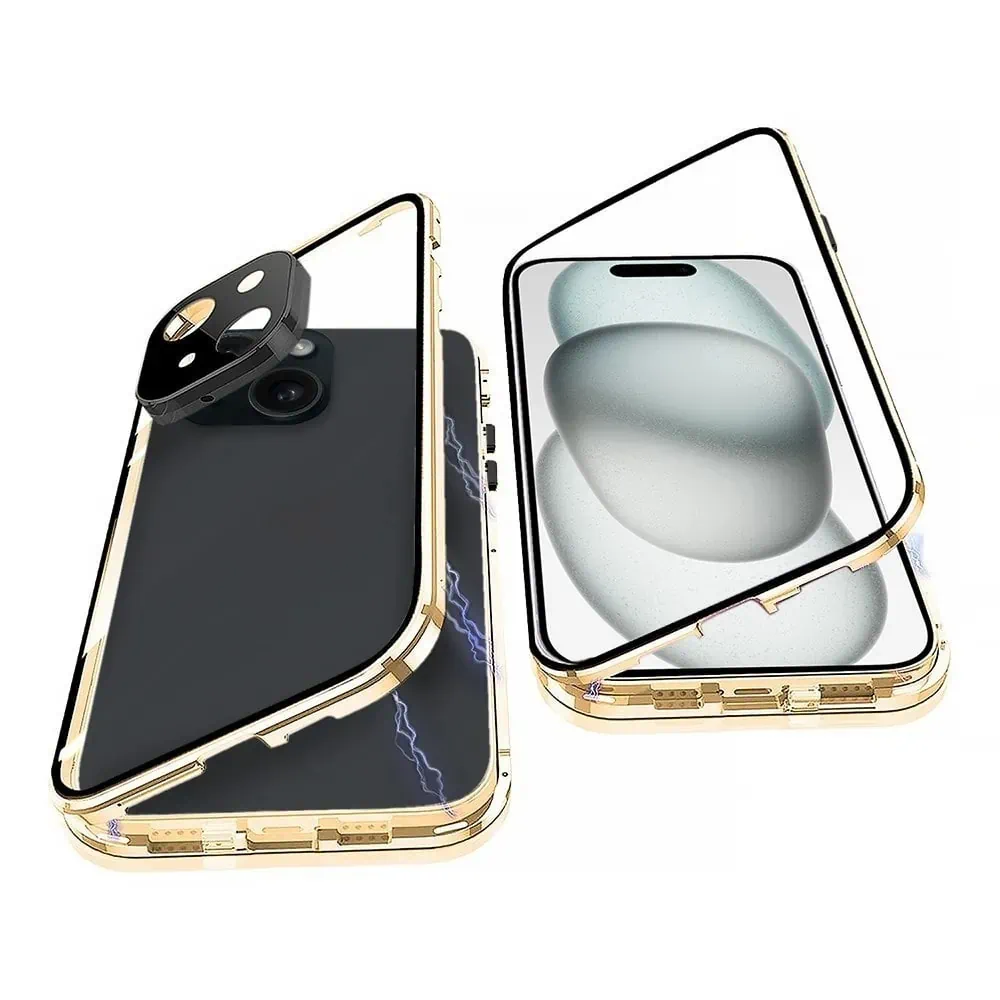 Obudowa do iPhone 15 pancerna szyba i aluminium 360° przód + tył magnetyczna, z osłoną aparatu, złota