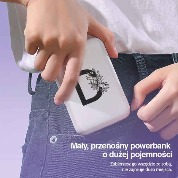 power bank magsafe 5000mah ładowanie bezprzewodowe iphone 15/14/13/12, czarna litera z kwiatem, biały