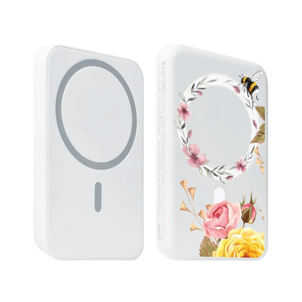 power bank magsafe 5000mah ładowanie bezprzewodowe iphone 15/14/13/12, wzór kolorowe kwiaty i pszczoła, biały