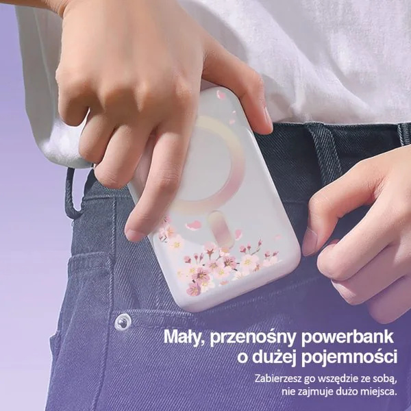 power bank magsafe 5000mah ładowanie bezprzewodowe iphone 15/14/13/12, wzór kwiat wiśni, biały
