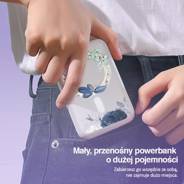 power bank magsafe 5000mah ładowanie bezprzewodowe iphone 15/14/13/12, wzór kwiaty z magsafe, biały
