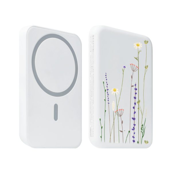 power bank magsafe 5000mah ładowanie bezprzewodowe iphone 15/14/13/12, wzór wiosenne kwiaty, biały