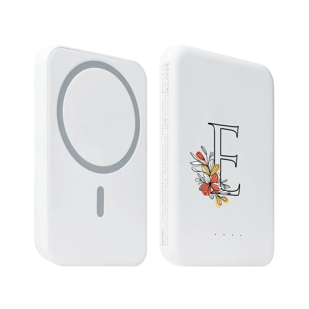 Power bank Magsafe 5000mAh ładowanie bezprzewodowe iPhone 15/14/13/12, z literą i kwiatem, biały