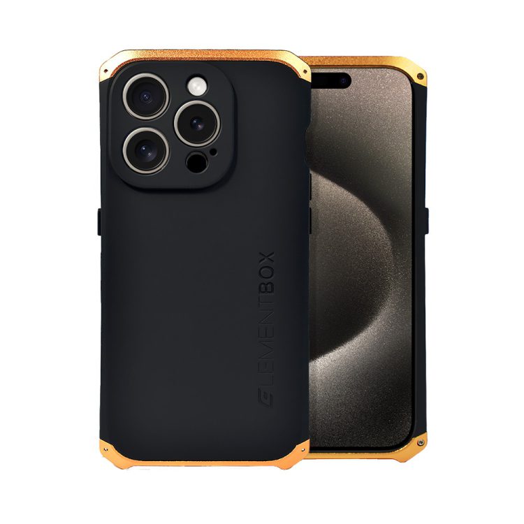 etui do iphone 15 pro max soild elements pancerne, twarde, z metalowymi krawędziami, złote