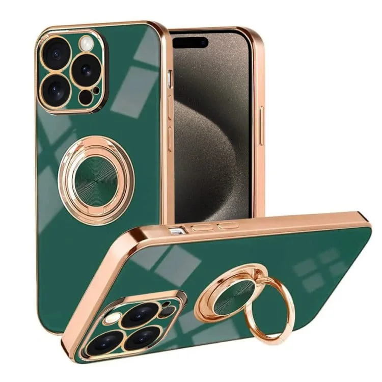etui do iphone 15 pro max eleganckie, ze złotym, metalowym uchwytem i zdobieniami, zielone