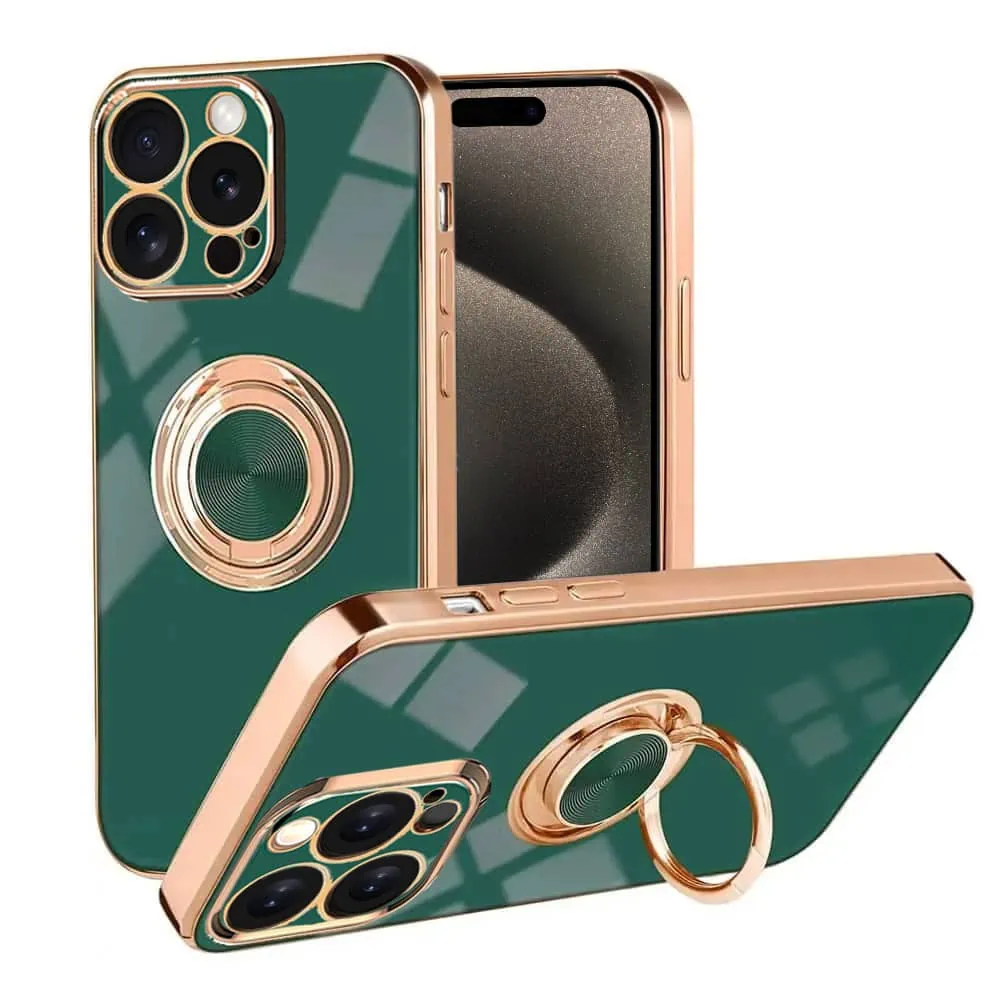 Etui do iPhone 15 Pro Max eleganckie, ze złotym, metalowym uchwytem i zdobieniami, zielone