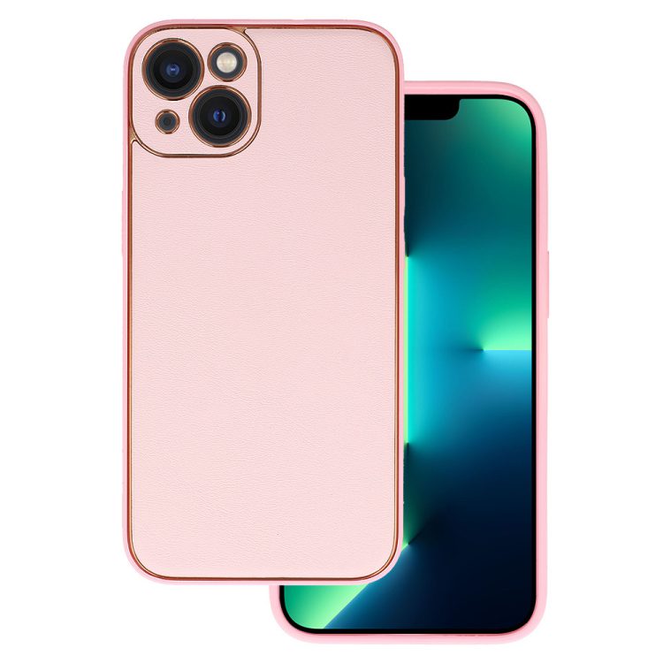 etui do iphone 13 minimalistyczne skórzane z ochroną aparatu i srebrnym wykończeniem, różowe