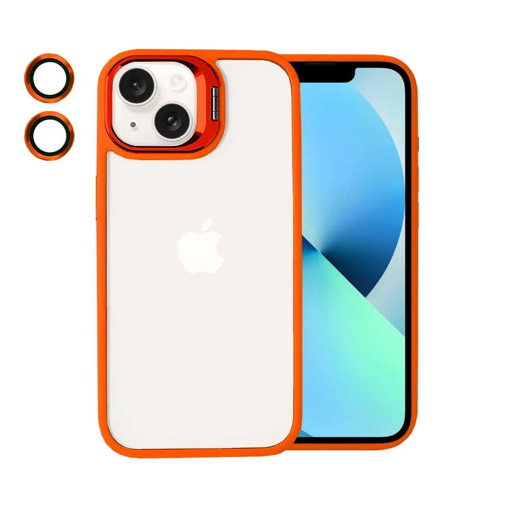 Etui do iPhone 13 cienkie przeźroczyste, 3w1 z podstawką i osłoną aparatu, pomarańczowe