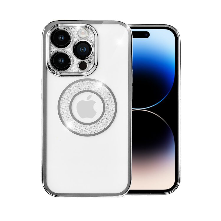 etui do iphone 14 pro space crystal, brokatowa osłona aparatu, srebrne