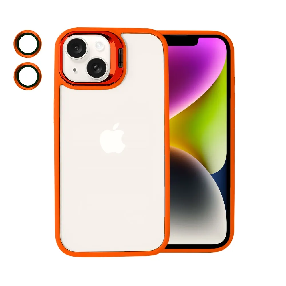 Etui do iPhone 14 cienkie przeźroczyte, 3w1 z podstawką i osłoną aparatu, pomarańczowe