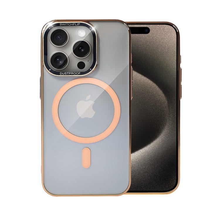 etui do iphone 15 pro max cam window, z osłoną aparatu i podstawką, twarde, złote