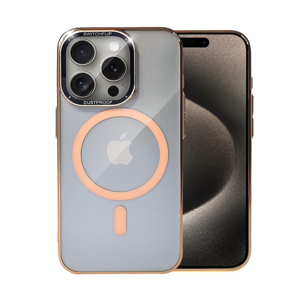 Etui do iPhone 15 Pro Cam Window, z osłoną aparatu i podstawką, twarde, złote