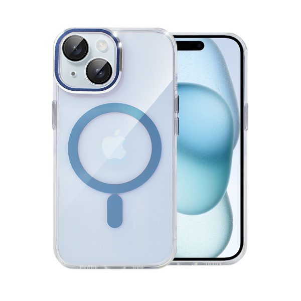etui do iphone 15 simple elegance z magsafe, twardy przeźroczysty tył, hybrydowa ochrona kamery, niebieskie