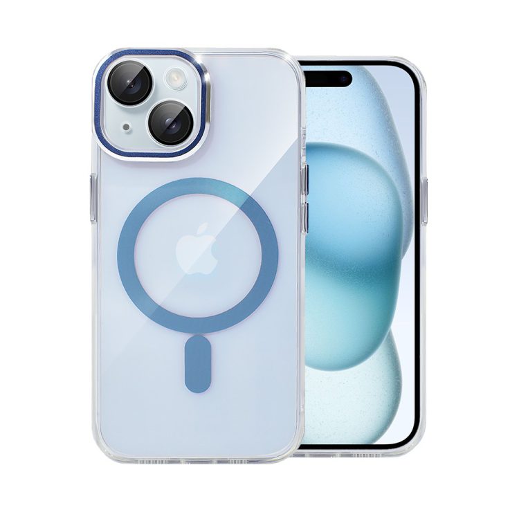 etui do iphone 15 simple elegance z magsafe, twardy przeźroczysty tył, hybrydowa ochrona kamery, niebieskie
