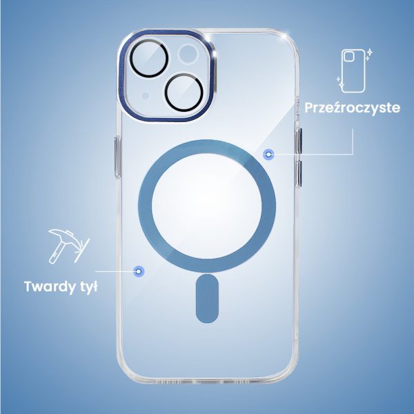 etui do iphone 15 simple elegance z magsafe, twardy przeźroczysty tył, hybrydowa ochrona kamery, niebieskie
