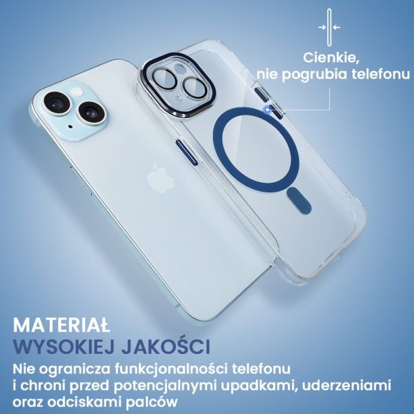 etui do iphone 15 simple elegance z magsafe, twardy przeźroczysty tył, hybrydowa ochrona kamery, niebieskie
