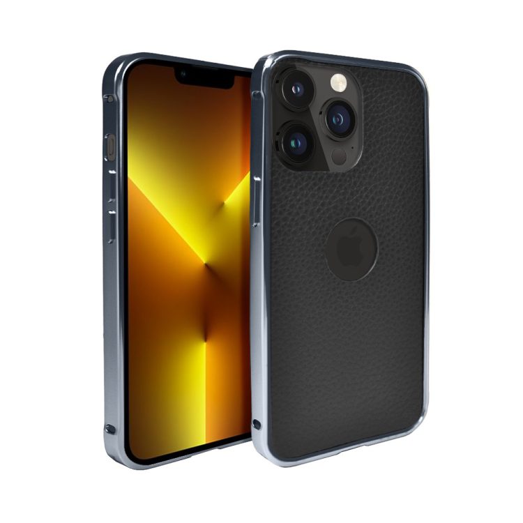 etui do iphone 13 pro, 2w1 z metalową ramką i wycięciem na logo, czarno granatowe