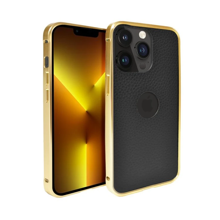 etui do iphone 13 pro max, 2w1 z metalową ramką i wycięciem na logo, czarno złote