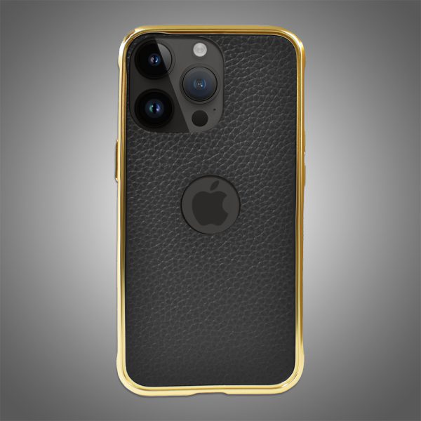 etui do iphone 13 pro max, 2w1 z metalową ramką i wycięciem na logo, czarno złote