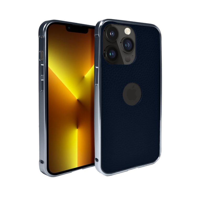 etui do iphone 13 pro max, 2w1 z metalową ramką i wycięciem na logo, czarno granatowe (kopia)