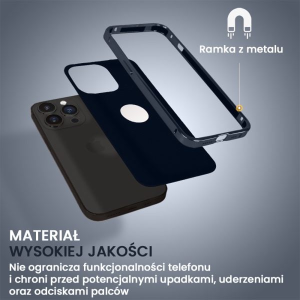 etui do iphone 13 pro max, 2w1 z metalową ramką i wycięciem na logo, czarno granatowe (kopia)