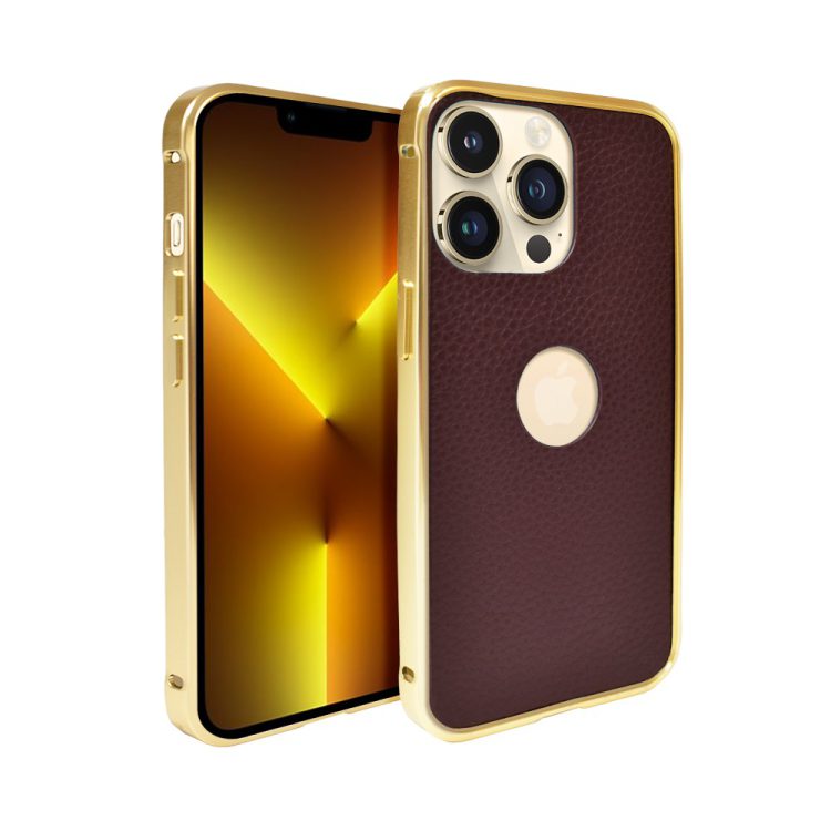 etui do iphone 13 pro ze złotą ramką i brązowym