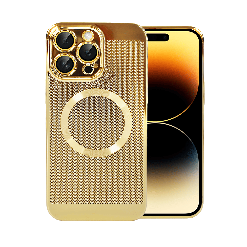 Etui do iPhone 14 Pro z Magsafe, cienkie, twarde, oddychające, z osłoną aparatu, złote
