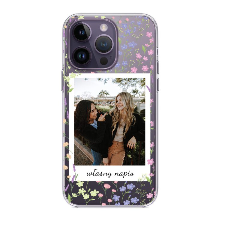 etui do iphone 14 pro polaroid z własnym zdjęciem i napisem, kwiaty