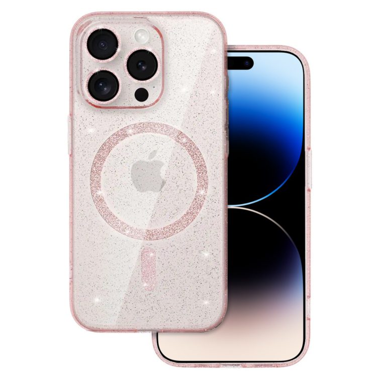 etui do iphone 14 pro z magsafe, przeźroczyste, błyszczący brokat, różowe