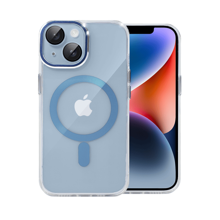 etui do iphone 14 simple elegance z magsafe, twardy przeźroczysty tył, hybrydowa ochrona kamery, niebieskie