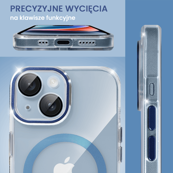 etui do iphone 14 simple elegance z magsafe, twardy przeźroczysty tył, hybrydowa ochrona kamery, niebieskie