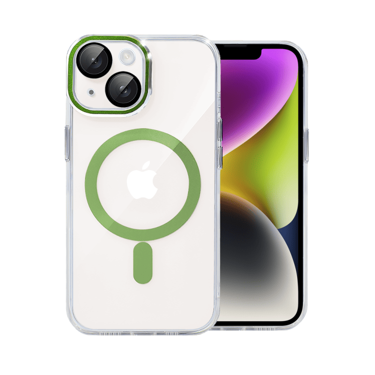 etui do iphone 14 simple elegance z magsafe, twardy przeźroczysty tył, hybrydowa ochrona kamery, zielone