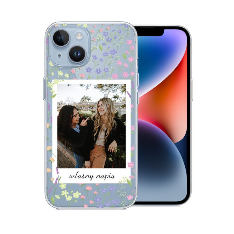 etui do iphone 14 polaroid z własnym zdjęciem i napisem, kwiaty