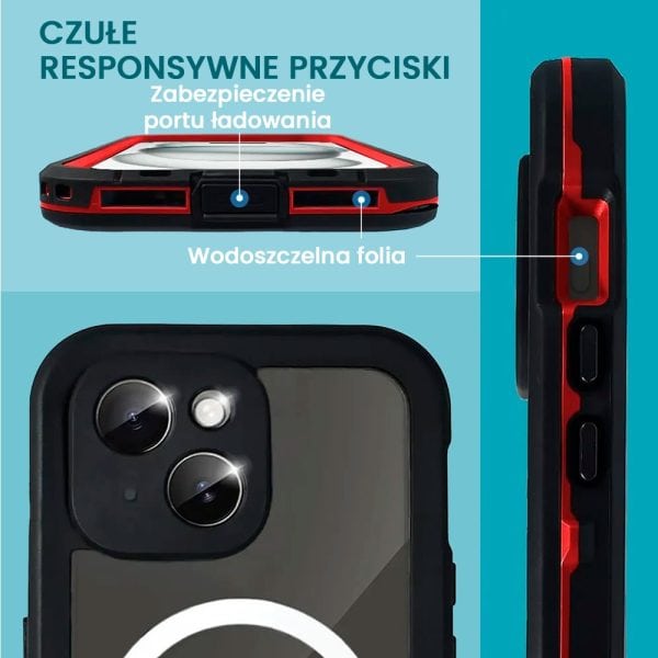 etui do iphone 15 wodoodporne z magsafe, pancerne, przeźroczyste, czerwone