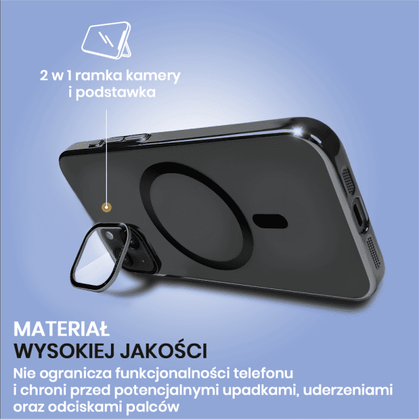 etui do iphone 15 cam window, z osłoną aparatu i podstawką, twarde, czarny