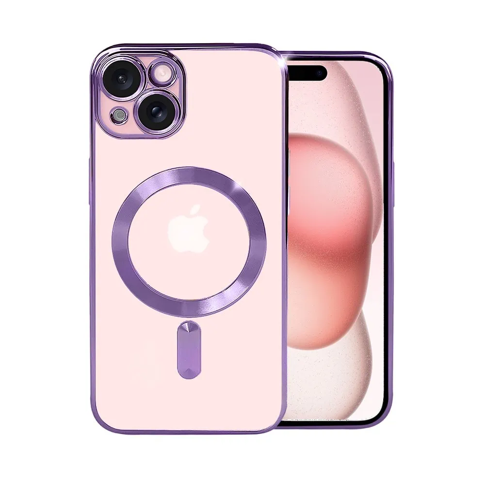 Etui do iPhone 15 MagSafe Luxury Protect przeźroczyste, hybrydowa ochrona kamery, fioletowe